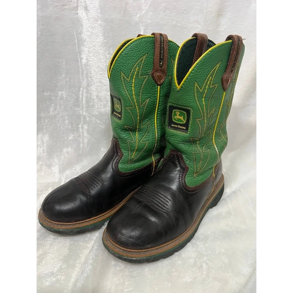 John Deere Western Boots Childrens 6.5M Brown Green Leather Cowboy Work Farmcore